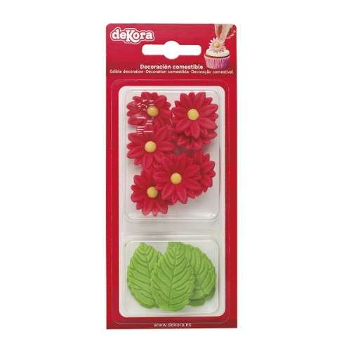 DeKora Red Marguerites and Leaves Cake Decor, 12 pcs