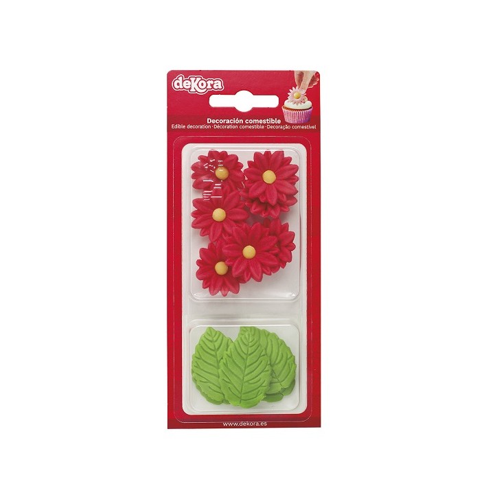 Glutenfree Sugar Flower Decoration Red Daisies - Red Daisy Cake Decor - Red Marguerites and Leaf sugar decoration