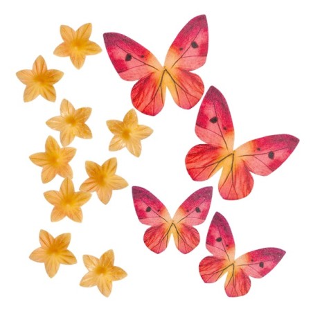 WAFER MINI YELLOW FLOWERS AND RED BUTTERFLIES