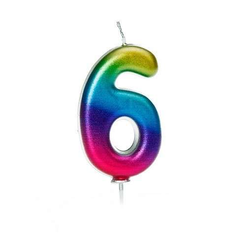 Anniversary House Number 6 Candle Metallic Rainbow, 6.5cm