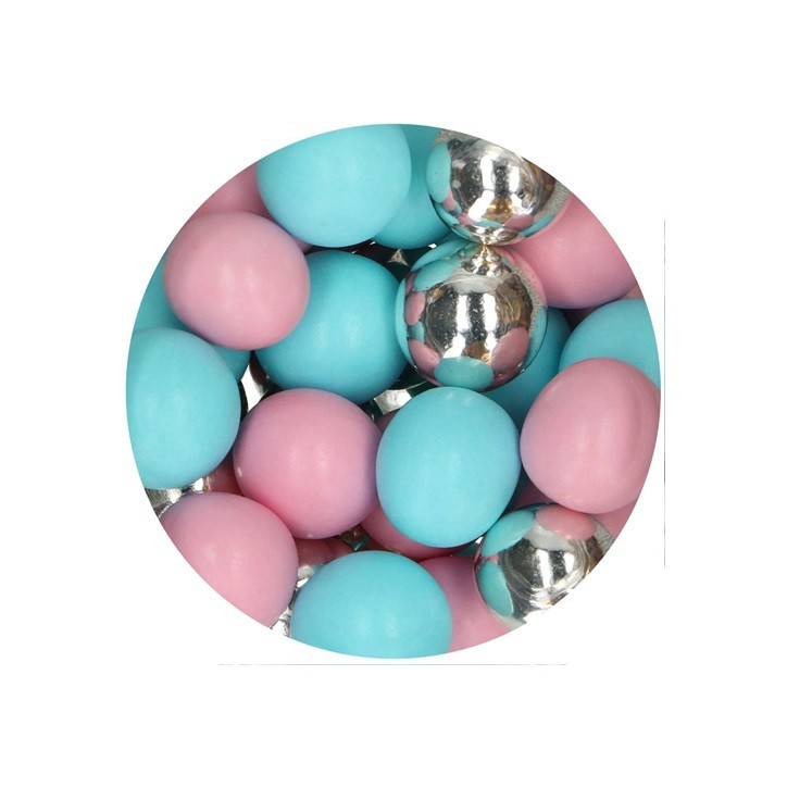 Gender Reveal Cake Decor Chocolate Pearls Baby Pink, Baby Blue & Shiny Silver