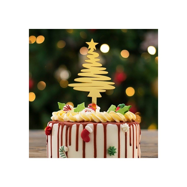 Golden Christmas Tree Cake Topper – Festive Cake Decoration