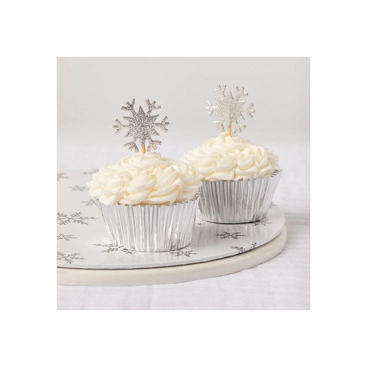 Glitter Schneeflocken Cupcake Topper Silber – Winterliche Tortendeko