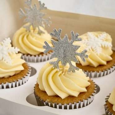 Glitter Snowflake Cupcake Toppers Silver – Winter Cake Decorations