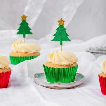 Glitter Christmas Tree Cupcake Toppers Green – Perfect for Festive Cupcakes