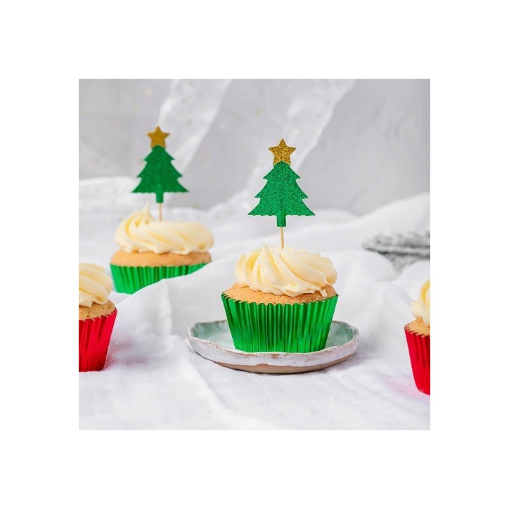 Glitter Christmas Tree Cupcake Toppers Green – Perfect for Festive Cupcakes