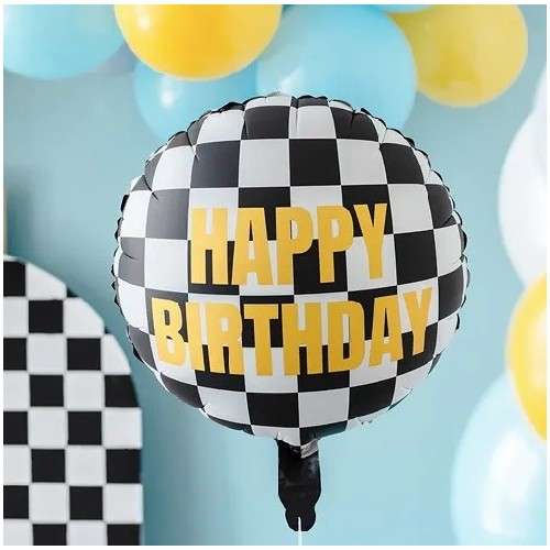 PartyDeco Foil Balloon Checkered Flag with Happy Birthday, 45cm