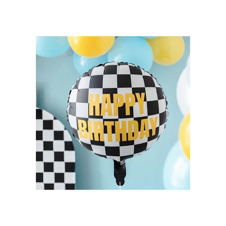 PartyDeco Foil Balloon Checkered Flag with Happy Birthday, 45cm