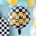 PartyDeco Foil Balloon Checkered Flag with Happy Birthday, 45cm