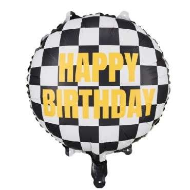 PartyDeco Foil Balloon Checkered Flag with Happy Birthday, 45cm