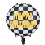 PartyDeco Foil Balloon Checkered Flag with Happy Birthday, 45cm