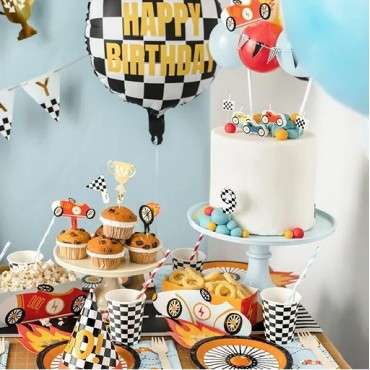 PartyDeco Foil Balloon Checkered Flag with Happy Birthday, 45cm