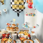 PartyDeco Foil Balloon Checkered Flag with Happy Birthday, 45cm