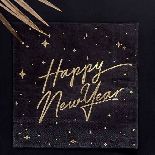 PartyDeco Black Napkins Happy New Year, 20 pcs