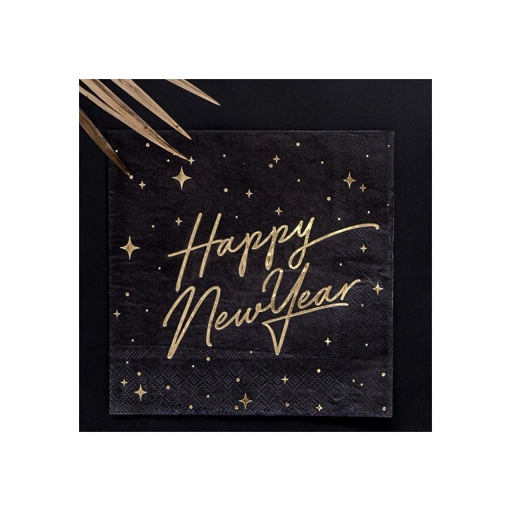 Elegant Happy New Year Napkins – Black & Gold | 33x33 cm