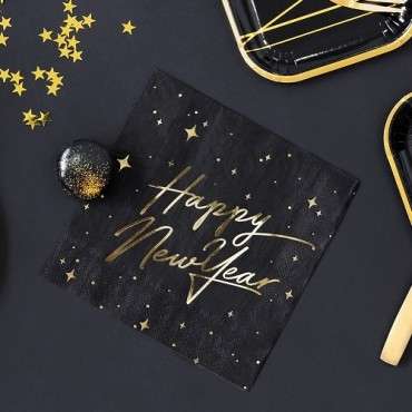 Elegant Happy New Year Napkins – Black & Gold | 33x33 cm