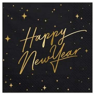 Elegant Happy New Year Napkins – Black & Gold | 33x33 cm