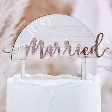 Just Married Wooden & Rose Gold Cake Topper – Wedding Cake Decoration