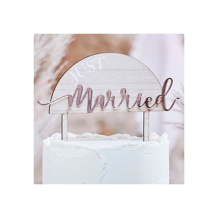 Just Married Kuchentopper – Holz & Roségold für deine Hochzeitstorte