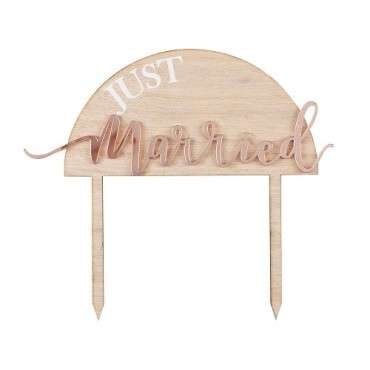 Just Married Kuchentopper – Holz & Roségold für deine Hochzeitstorte