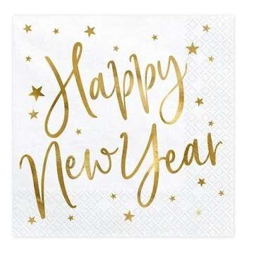 Weisse Happy New Year Servietten mit Goldaufdruck – 33x33 cm