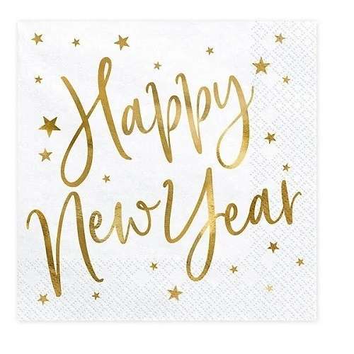 PartyDeco White Napkins Happy New Year, 20 pcs