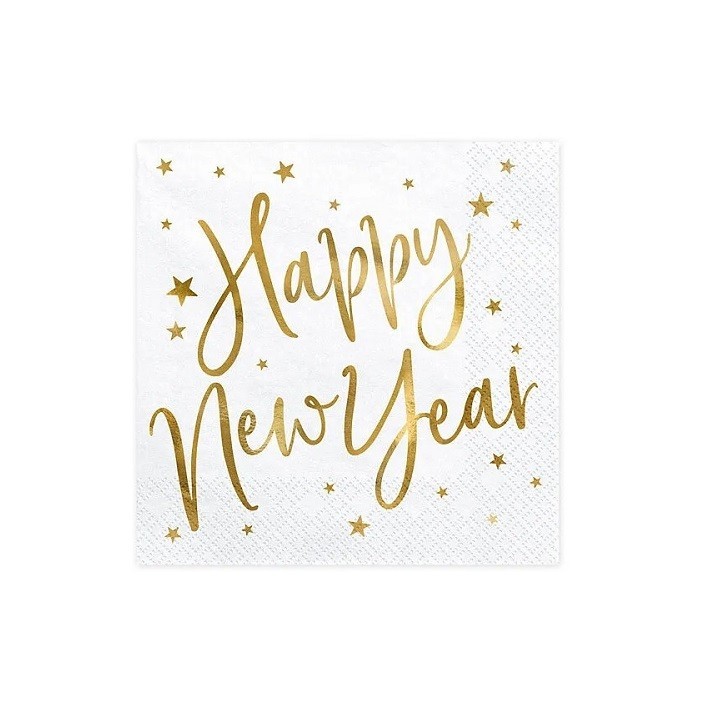 Weisse Happy New Year Servietten mit Goldaufdruck – 33x33 cm