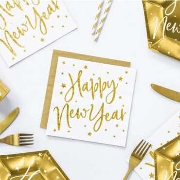 White Happy New Year Napkins with Gold Print – 33x33 cm