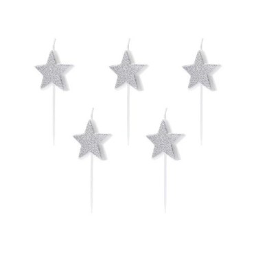 PartyDeco Silver Star Candles – 5 Pack