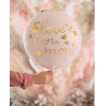 🎈 "Love You Mom" Foil Balloon | Soft Pink & Gold | 35 cm