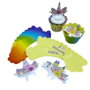 Einhorn Cupcake Wrapper & Topper Set – 12 Stück | Magische Partydeko