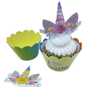 Einhorn Cupcake Wrapper & Topper Set – 12 Stück | Magische Partydeko