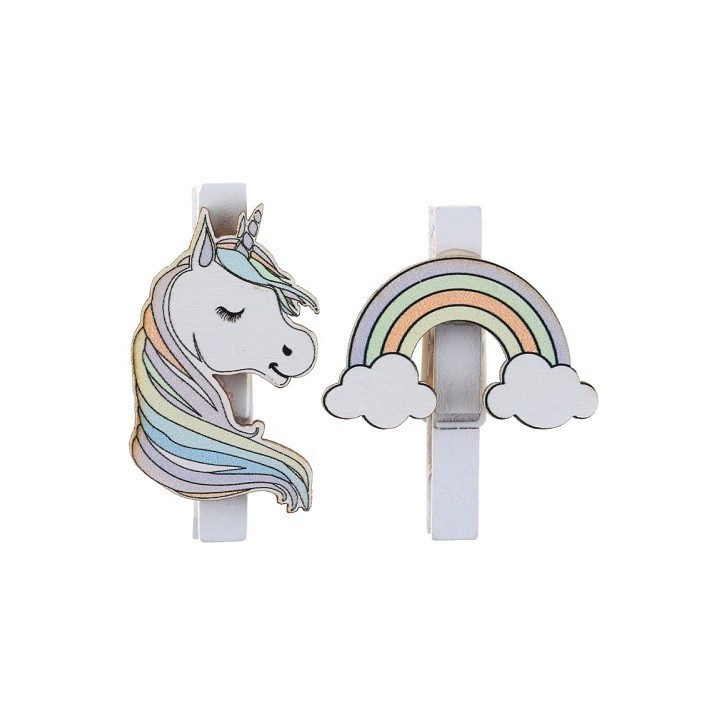 Dekoklammern Einhorn & Regenbogen – 6 Stück | Magische Partydeko